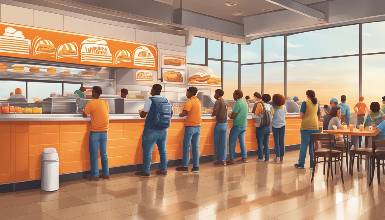 A bustling Whataburger restaurant at sunrise with a line of customers eagerly waiting to order their iconic breakfast items. Tables filled with locals enjoying their meals