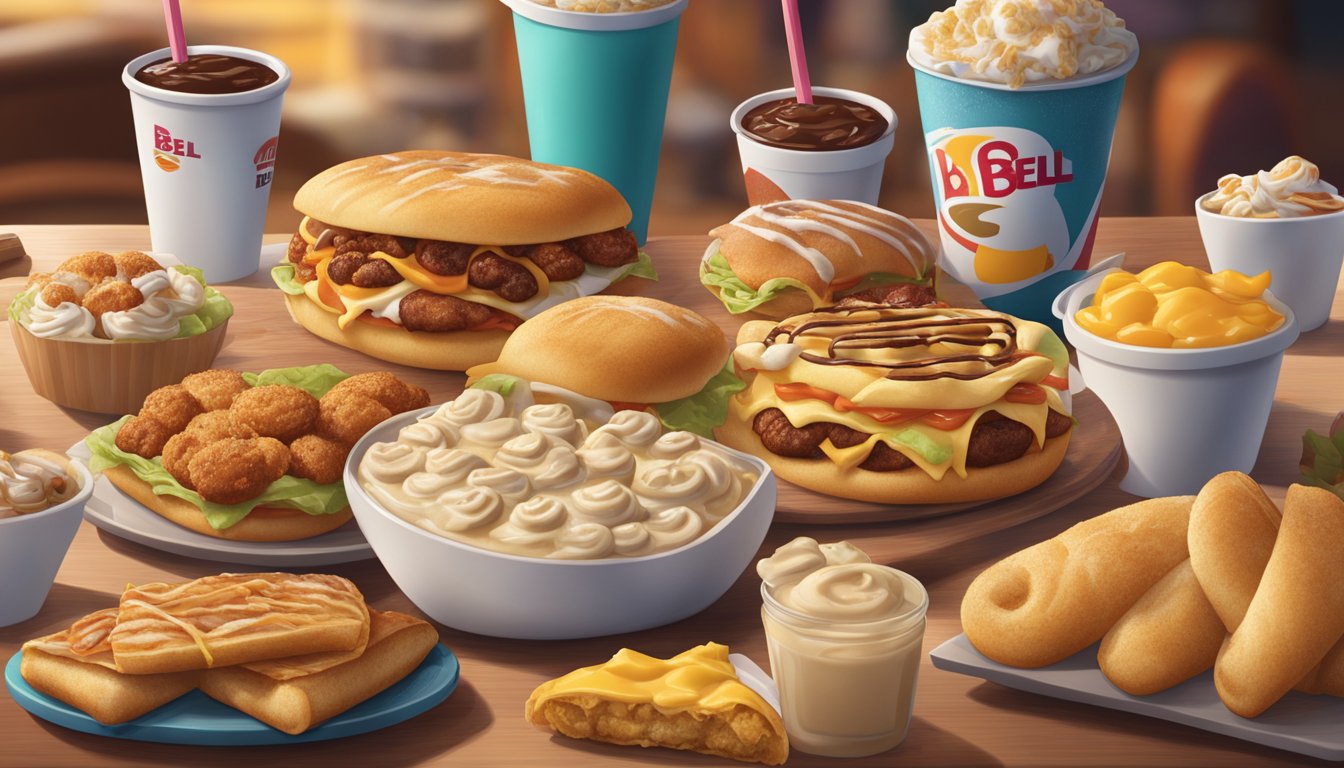 A table filled with Cinnabon Delights and other breakfast items from Taco Bell, surrounded by a nostalgic and wistful atmosphere