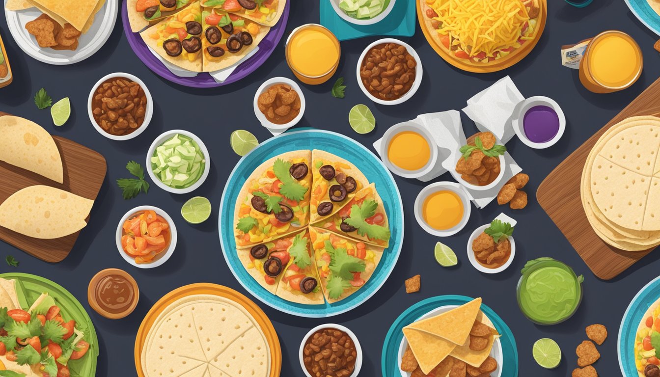 A circular table with a variety of Taco Bell breakfast items spread out, surrounded by a repeating pattern of tortillas