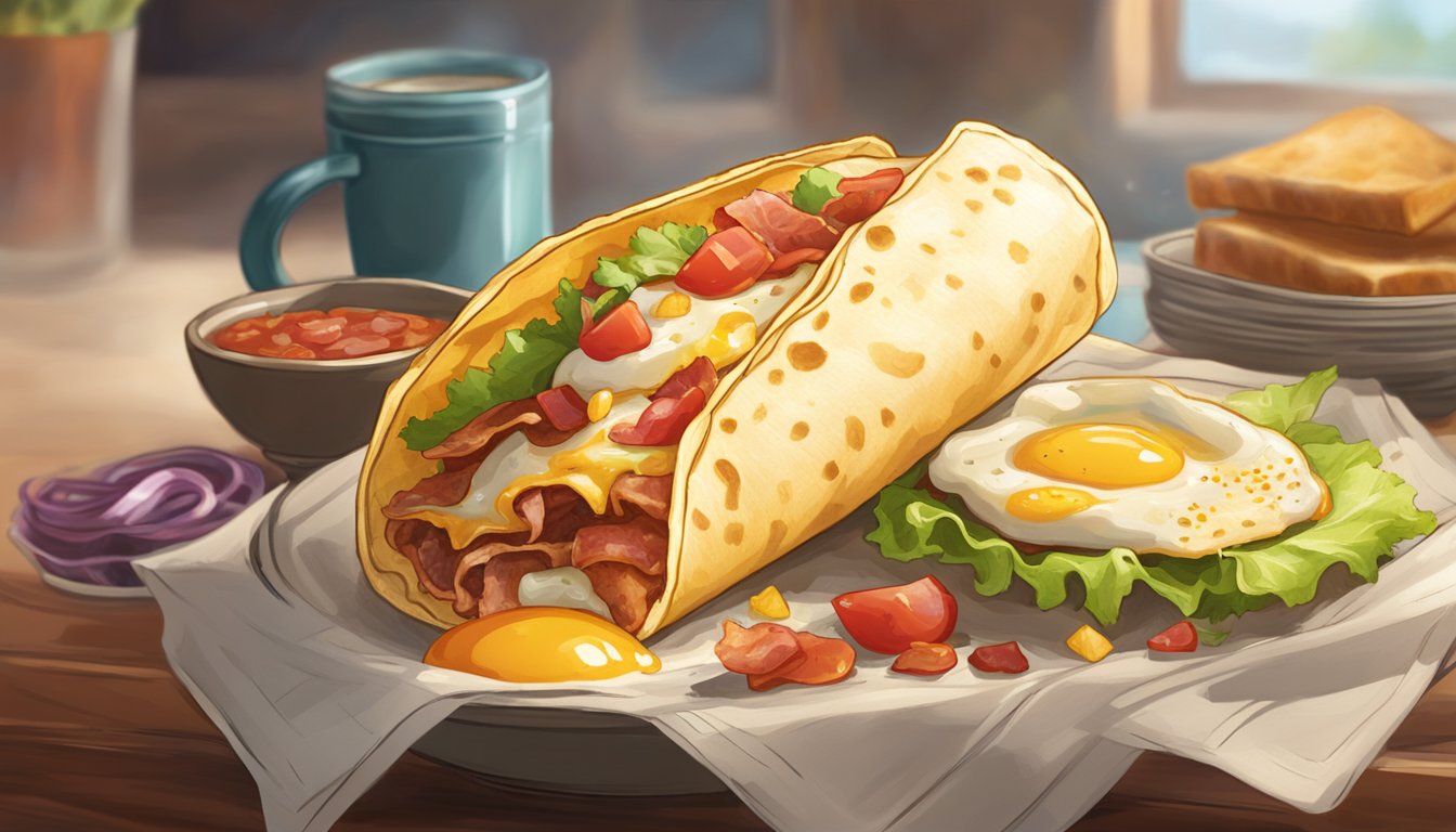 A breakfast burrito floating in a beam of light, surrounded by bacon, eggs, and salsa, with a halo above it