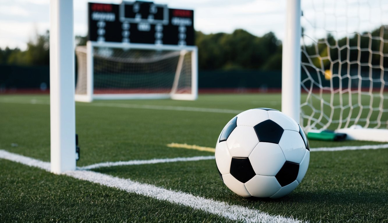 Sebuah bola sepak di lapangan dengan tiang gawang dan papan skor di latar belakang