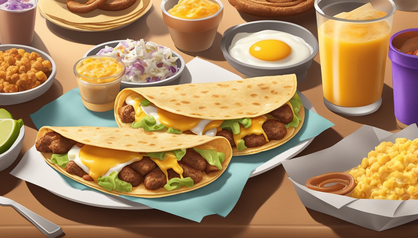 A breakfast soft taco with eggs, cheese, and sausage on a warm tortilla, surrounded by other Taco Bell breakfast items