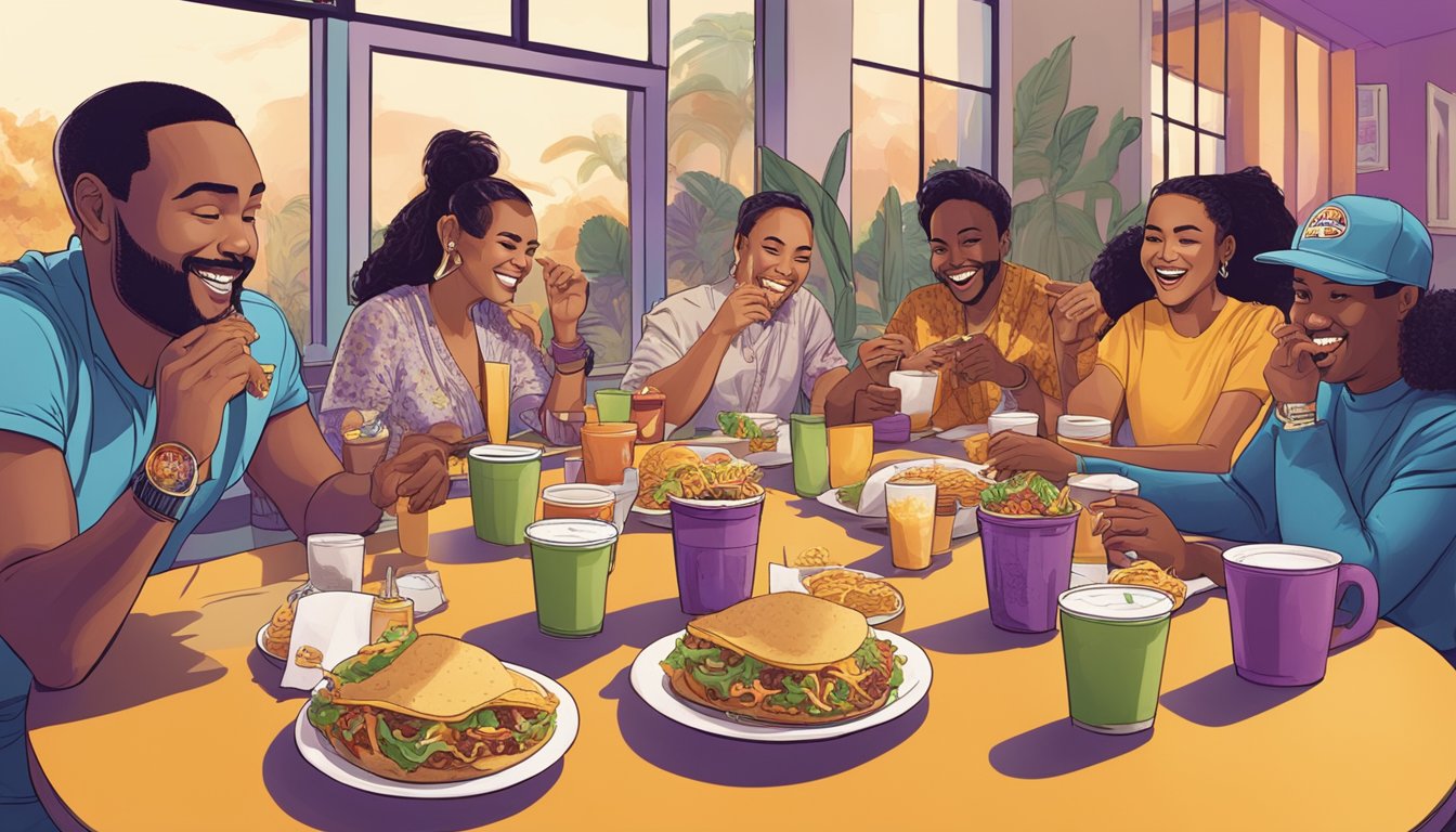 A group of 12 celebrities enjoying Taco Bell breakfast items at a table together. The scene is lively and filled with laughter and conversation