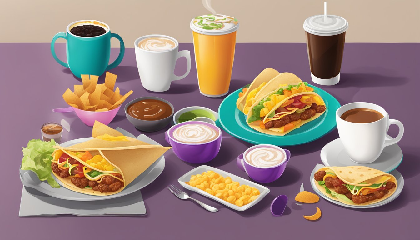 A colorful Taco Bell breakfast spread with various menu items arranged on a table, accompanied by a steaming cup of coffee