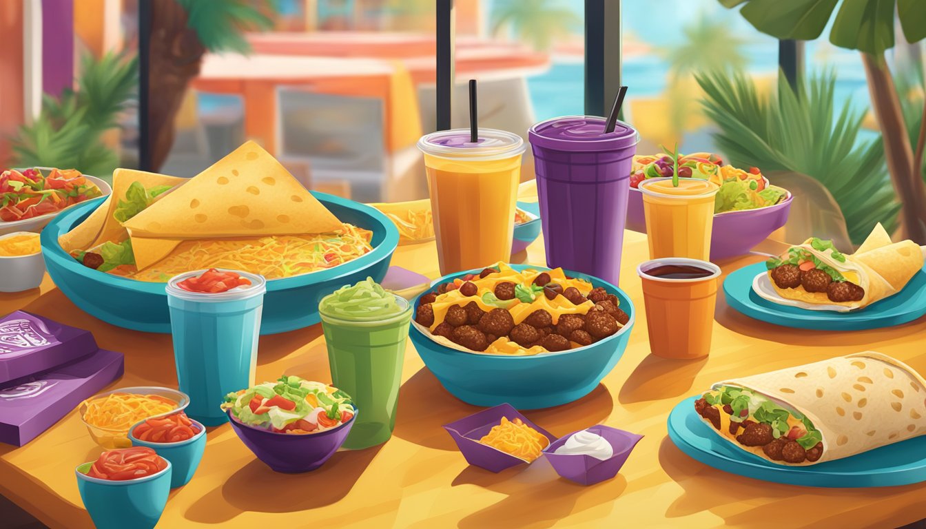 A colorful breakfast spread with a cheesy burrito and other Taco Bell items, surrounded by a vibrant and inviting atmosphere