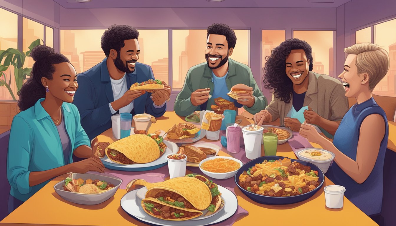 A group of 12 celebrities enjoying Taco Bell breakfast, with smiles on their faces and a variety of breakfast items on the table