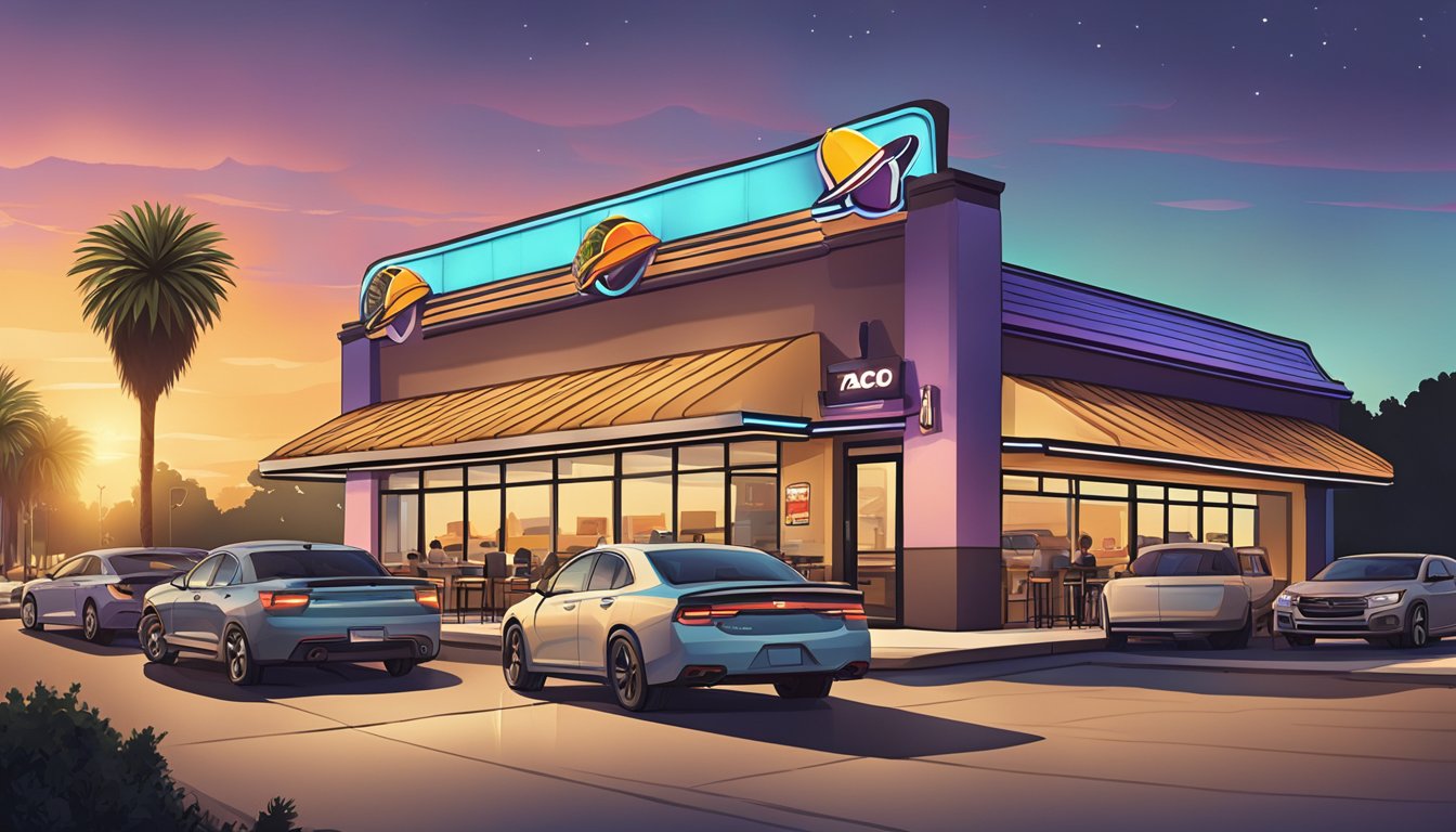 A sunrise over a Taco Bell restaurant, with a line of cars at the drive-thru and a few early risers enjoying breakfast at outdoor tables