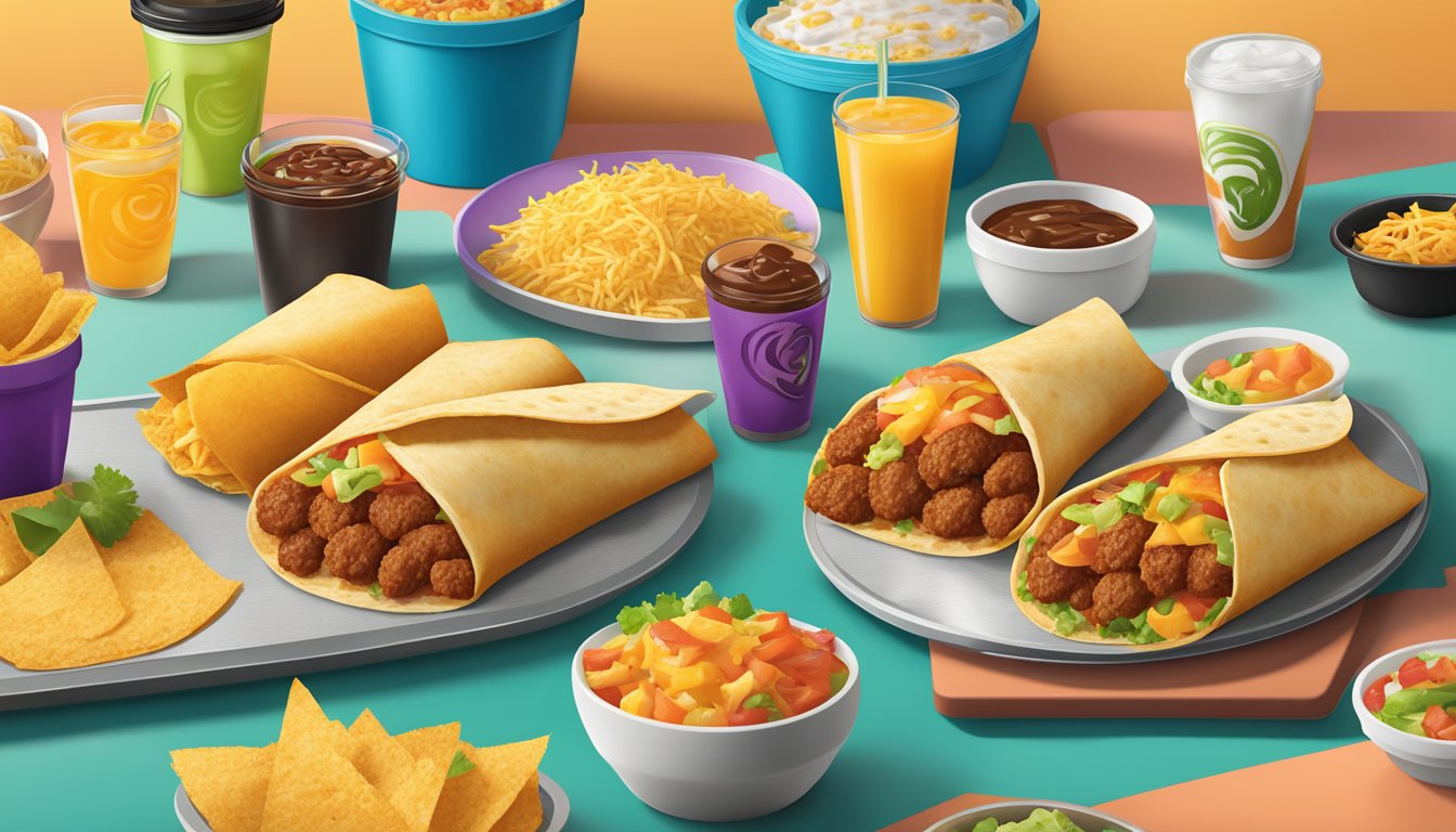 A colorful display of 9 Taco Bell breakfast items, including burritos, tacos, and hash browns, arranged on a vibrant tray