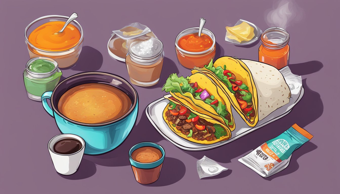 A steaming breakfast taco hovers above a table, surrounded by a colorful array of hot sauce packets and a cup of coffee