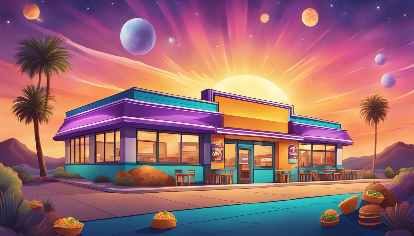 A colorful sunrise over a Taco Bell, with breakfast items floating in space around it