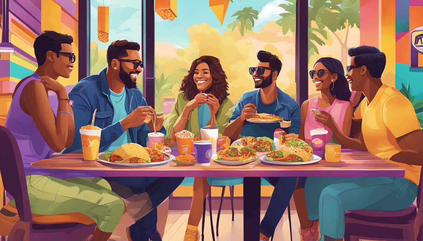 Celebrities enjoying a variety of Taco Bell breakfast items at a table with colorful decor and a vibrant atmosphere