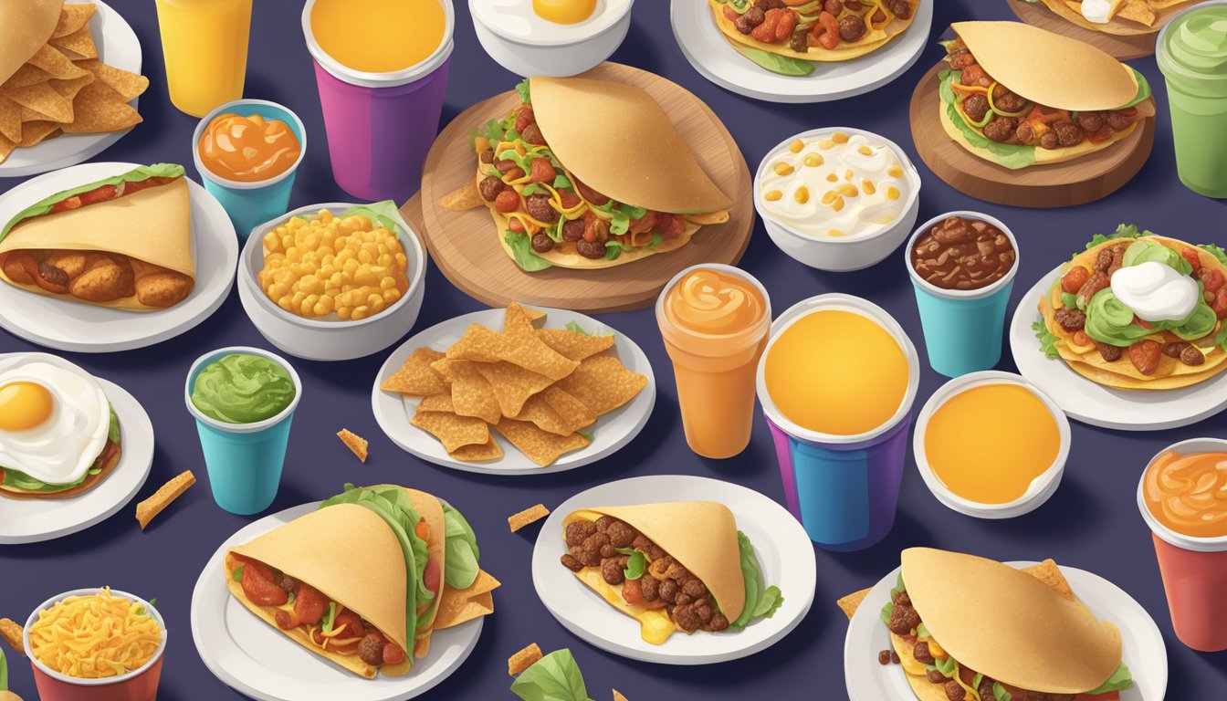 A bustling Taco Bell breakfast scene with multiple food items multiplying and filling the space