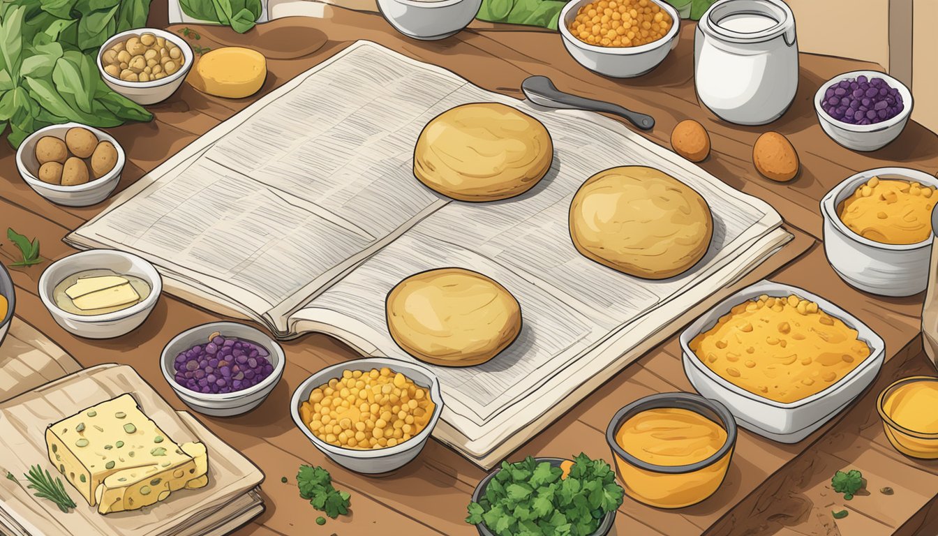 A colorful array of ingredients, including potatoes, cheese, and spices, arranged on a kitchen counter next to a recipe book open to a page titled "Cheesy Fiesta Potato Quiche."