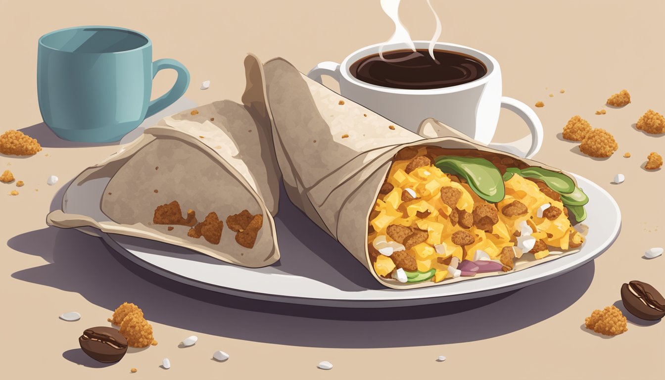 A steaming Taco Bell breakfast burrito sits on a plate, surrounded by scattered crumbs and a half-empty cup of coffee