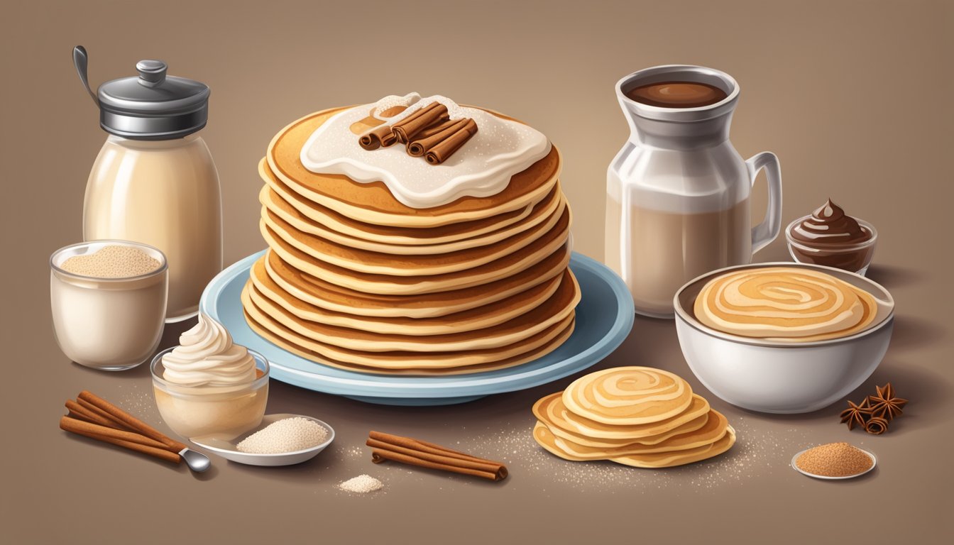 A stack of fluffy pancakes topped with Cinnabon icing and sprinkled with cinnamon sugar, surrounded by a variety of ingredients and kitchen utensils