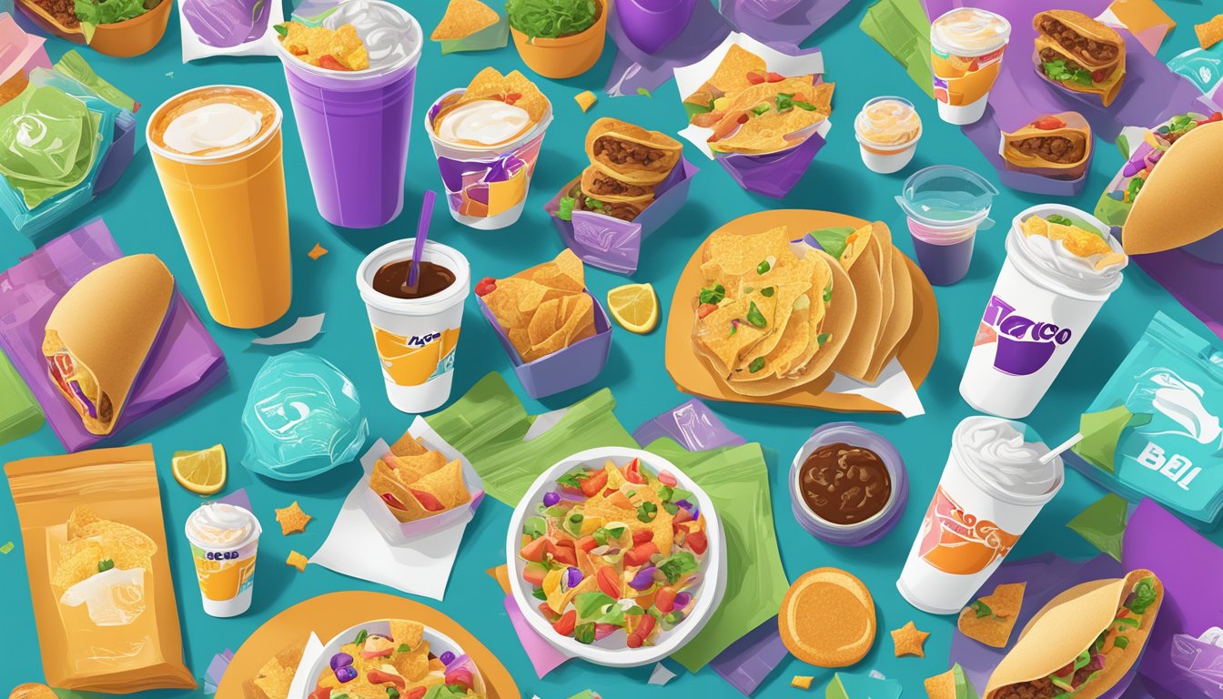 A colorful breakfast spread with Taco Bell items, surrounded by tweets and social media icons