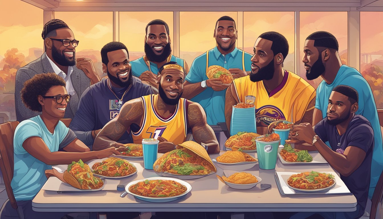 A group of celebrities enjoying Taco Bell breakfast items at a table, with LeBron James at the center of the group