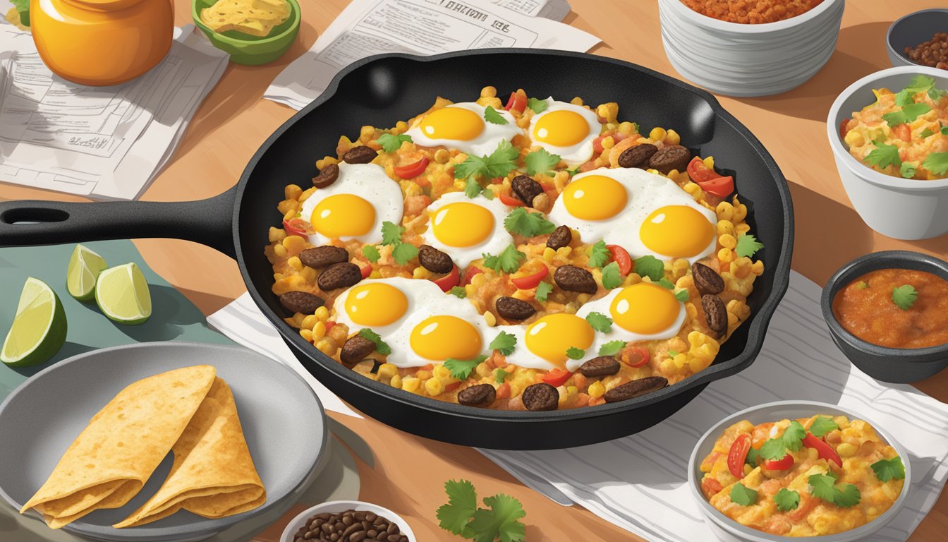 A sizzling skillet filled with spicy breakfast ingredients, surrounded by Taco Bell-inspired DIY recipe cards