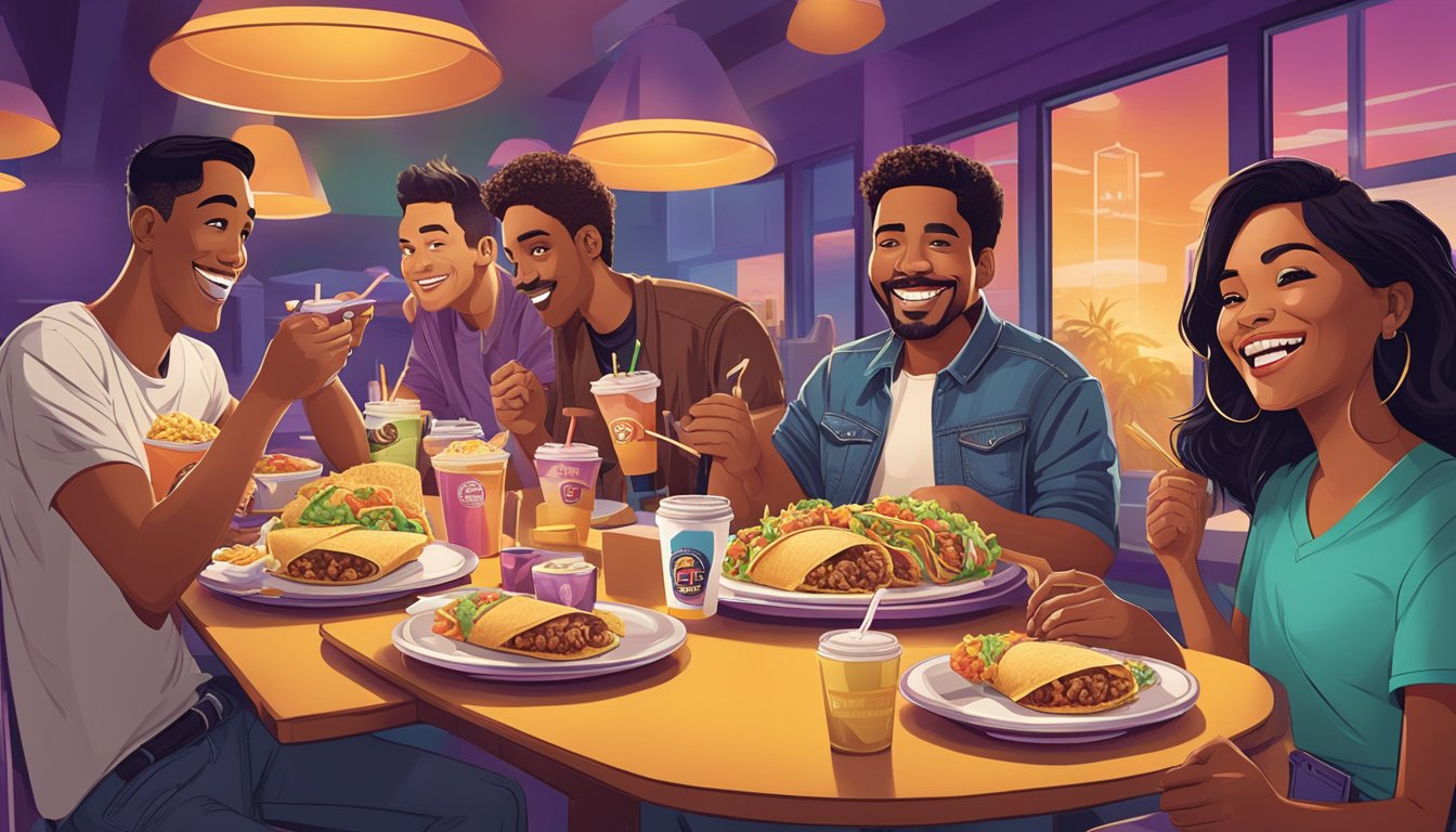 A group of 12 celebrities enjoying Taco Bell breakfast items at a table, with smiles on their faces and a lively atmosphere