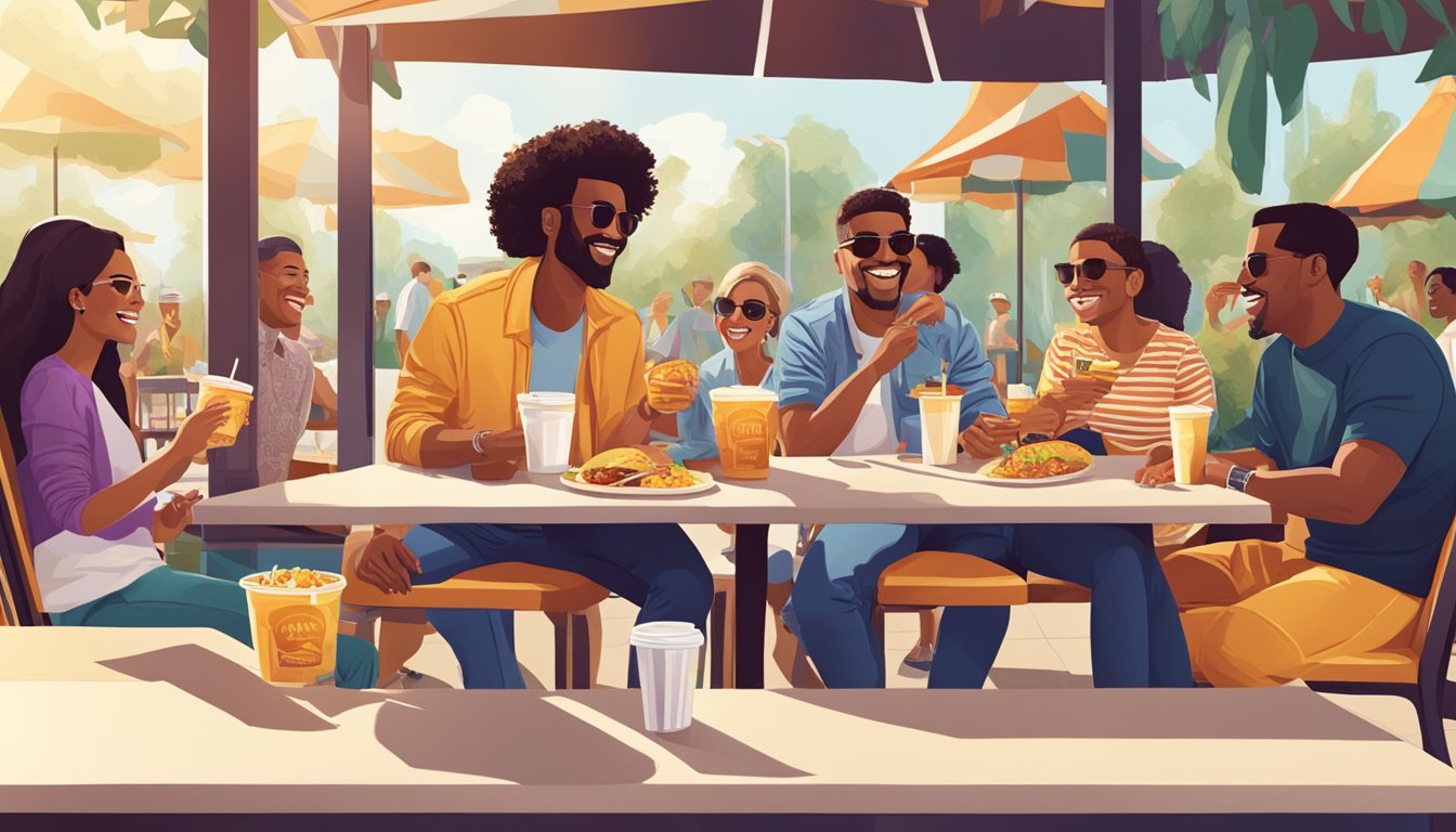 A group of celebrities enjoying Taco Bell breakfast items at a trendy outdoor cafe. The sun is shining, and there are smiles all around