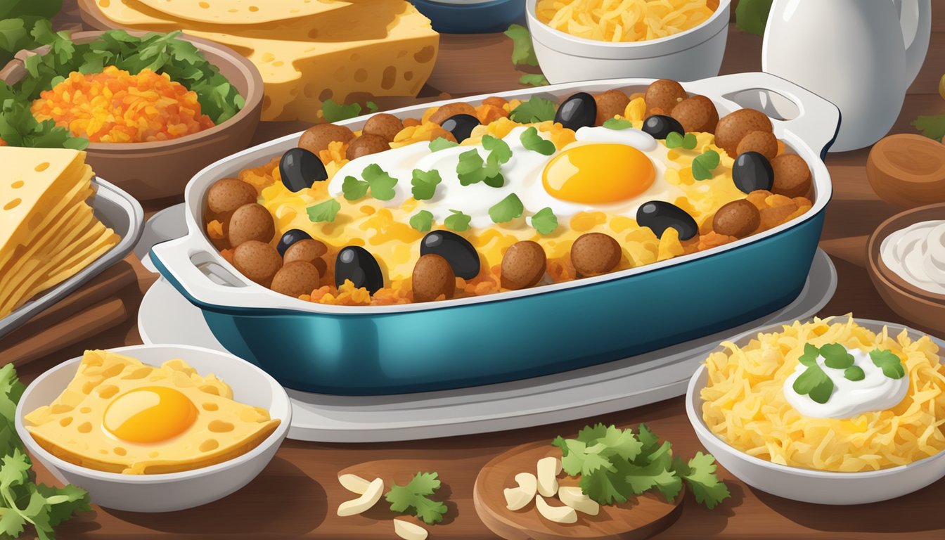 A steaming casserole dish filled with layers of eggs, cheese, potatoes, and sausage, surrounded by colorful taco ingredients and topped with a dollop of sour cream