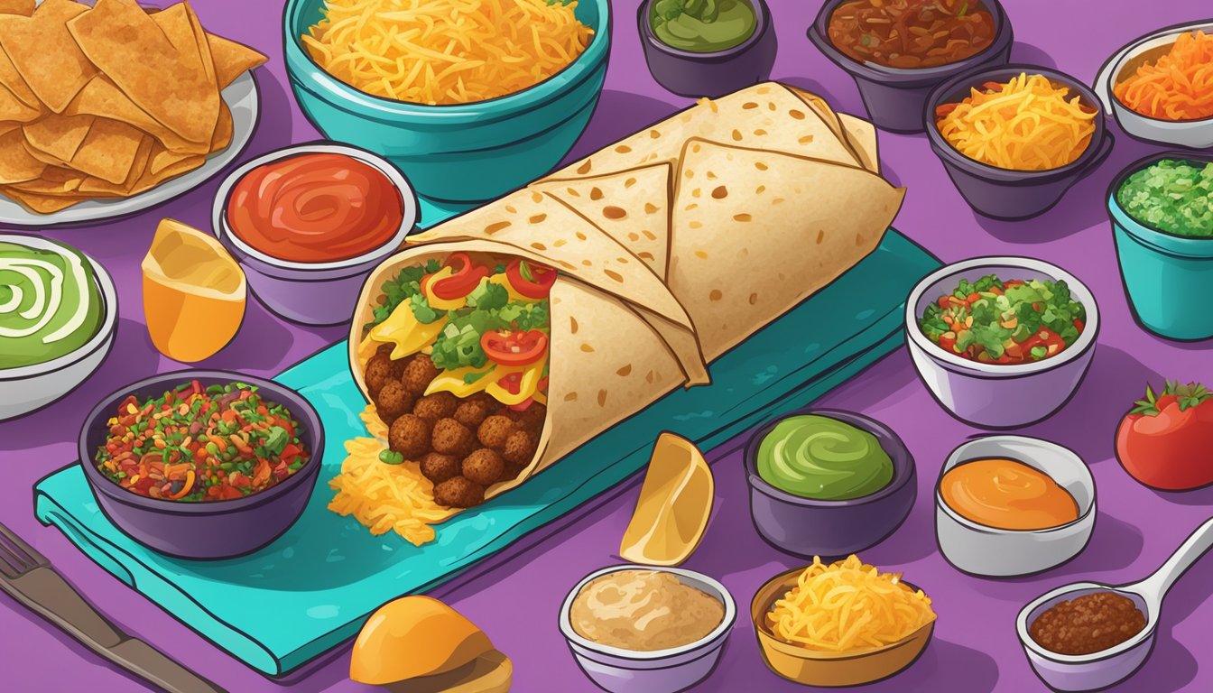 A sizzling hash brown burrito surrounded by colorful ingredients and a variety of spices, evoking the vibrant flavors of Taco Bell's breakfast menu