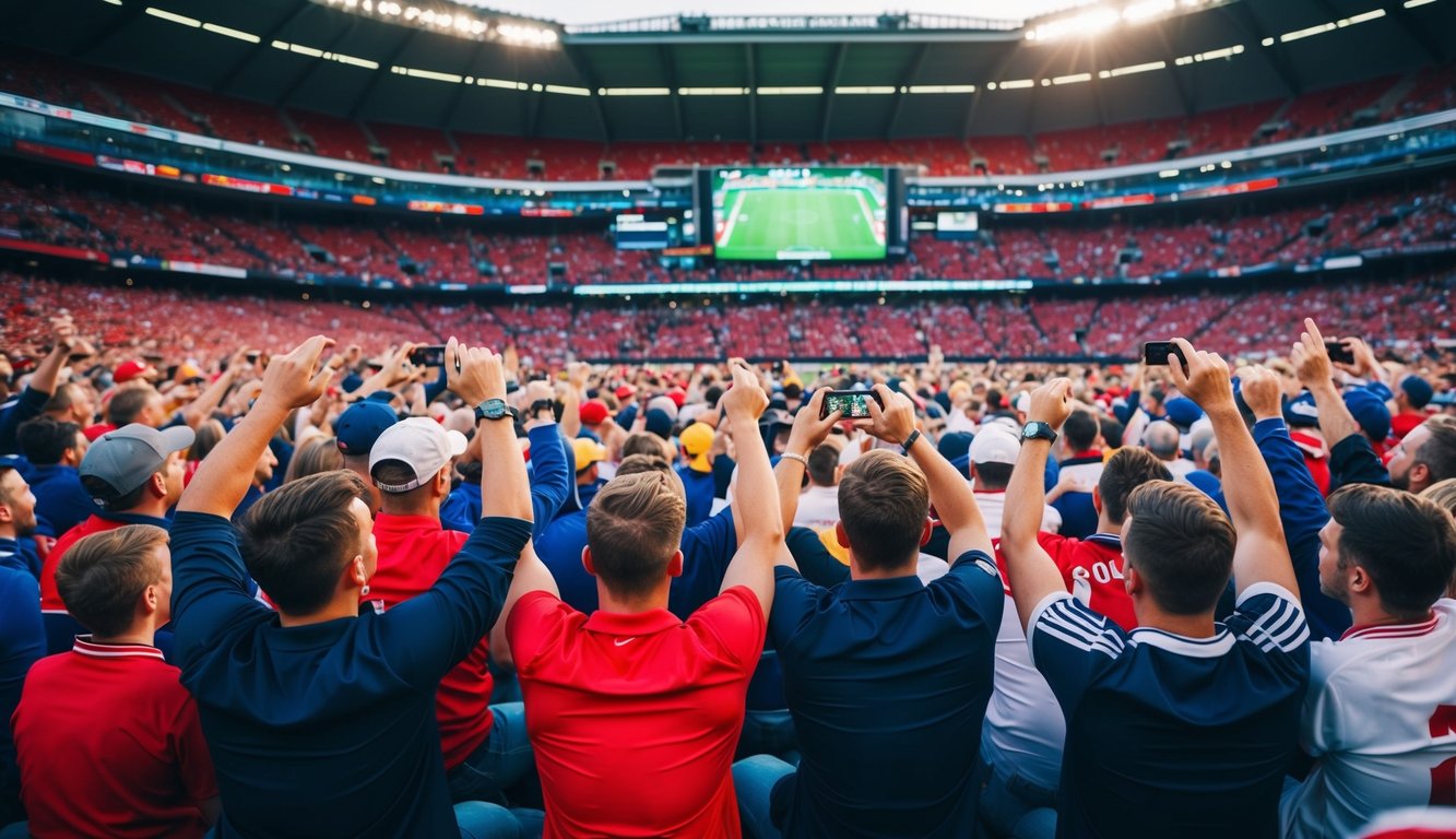 Sebuah stadion olahraga yang ramai dengan penggemar bersorak dan menonton layar taruhan langsung