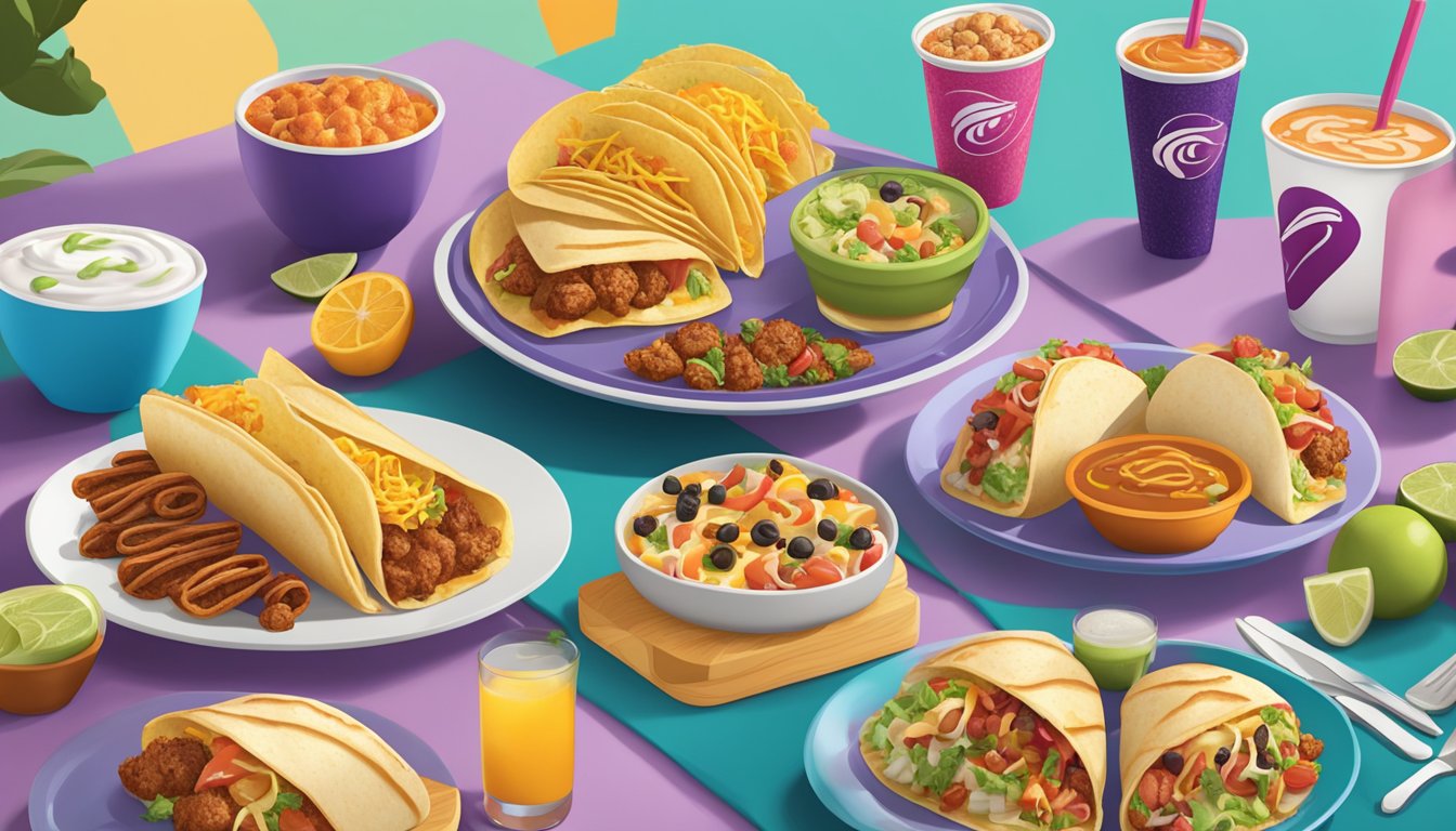 A table with a variety of Taco Bell breakfast items, including Cinnabon Delights, displayed on colorful plates and surrounded by vibrant ingredients