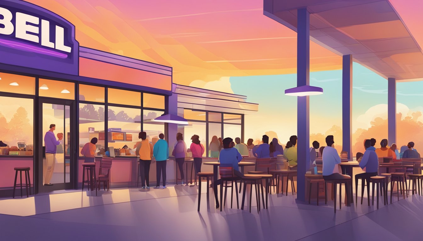 A colorful, bustling Taco Bell restaurant at sunrise, with a line of customers eagerly waiting for the popular breakfast menu items