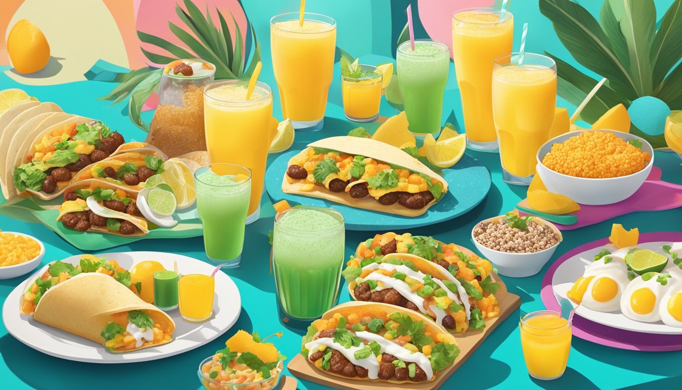 A colorful brunch spread with various Baja Blast Mimosa cocktails and Taco Bell-inspired breakfast dishes on a vibrant table setting