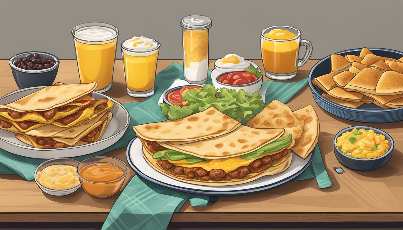 A table set with a variety of homemade breakfast items inspired by Taco Bell, including an AM Crunchwrap and French Toast