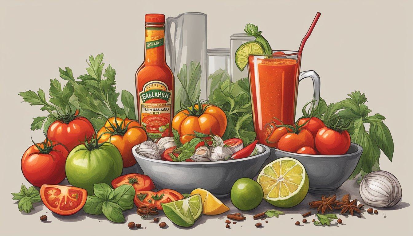 A vibrant array of ingredients, including tomatoes, hot sauce, and spices, arranged around a tall glass filled with a zesty Bloody Mary