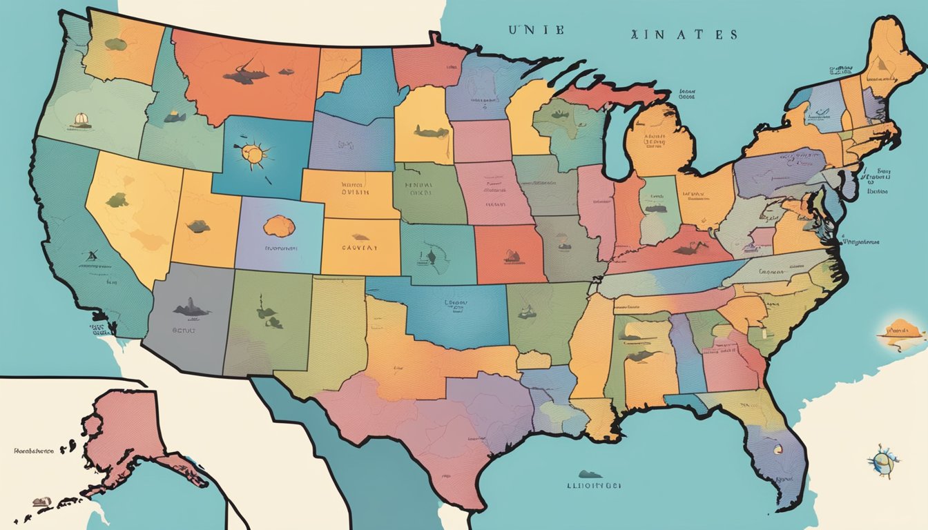 A colorful map of the United States with 11 highlighted regions, some with a sun rising over them, and others with a red X over them