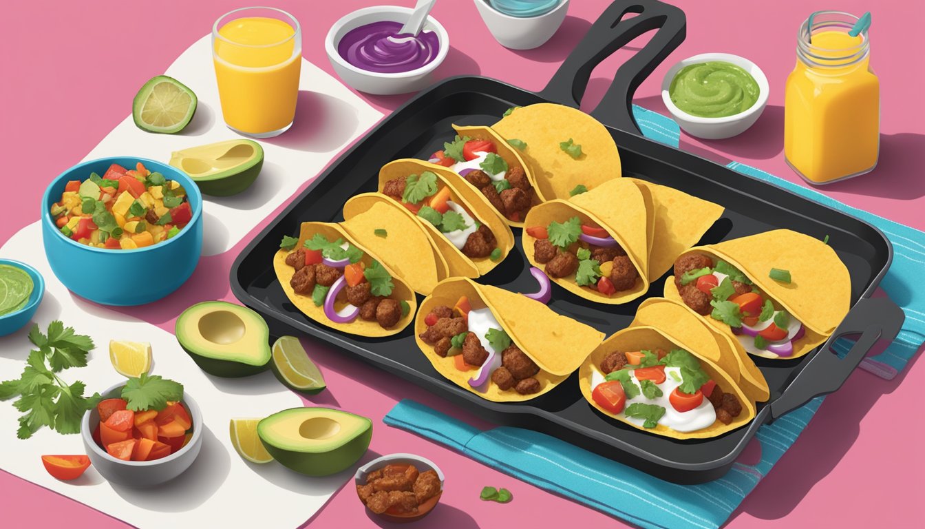 A colorful spread of mini skillet hash tacos and various breakfast ingredients arranged on a table, reminiscent of a Taco Bell breakfast menu