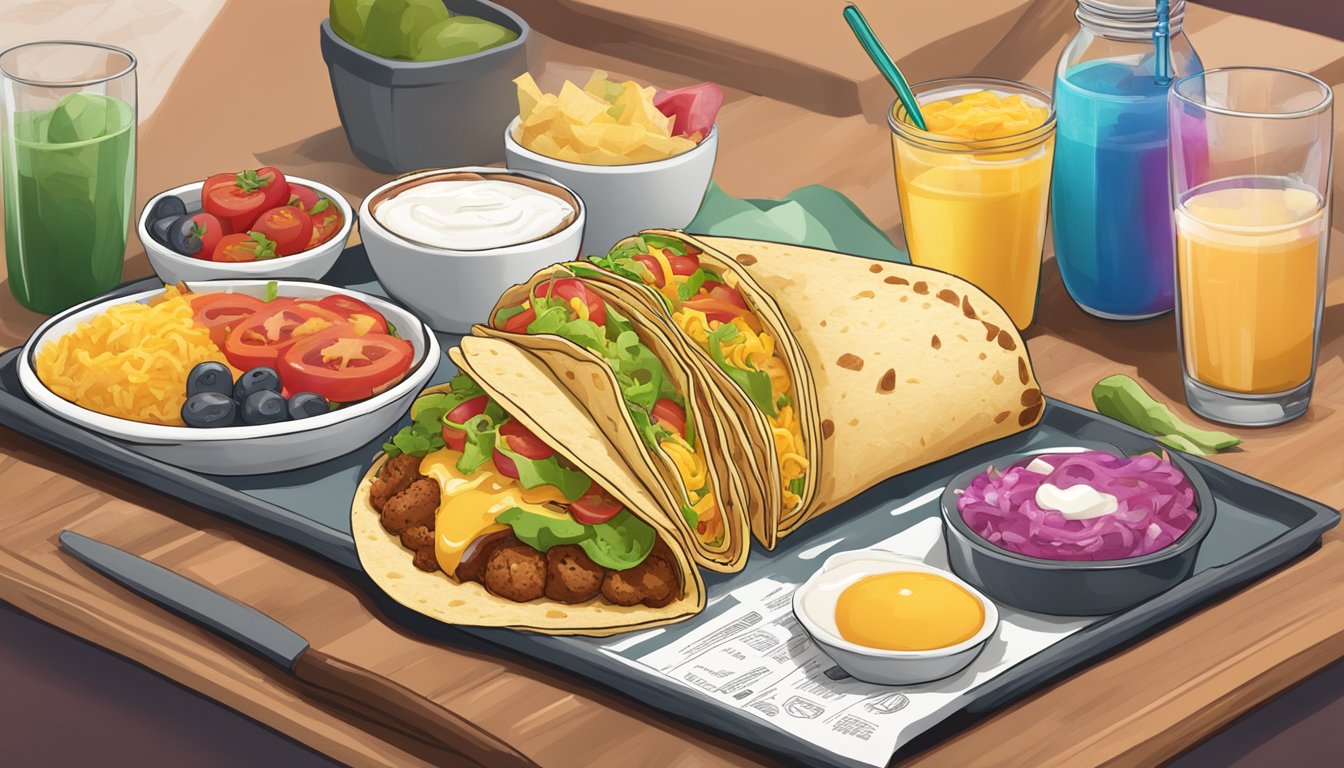 A breakfast soft taco surrounded by colorful ingredients on a tray, with a menu in the background showing "8 Surprising Facts About Taco Bell's Breakfast Menu."