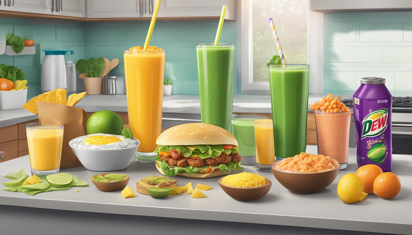 A colorful array of Mountain Dew Kickstart Smoothie ingredients and Taco Bell breakfast items arranged on a kitchen counter