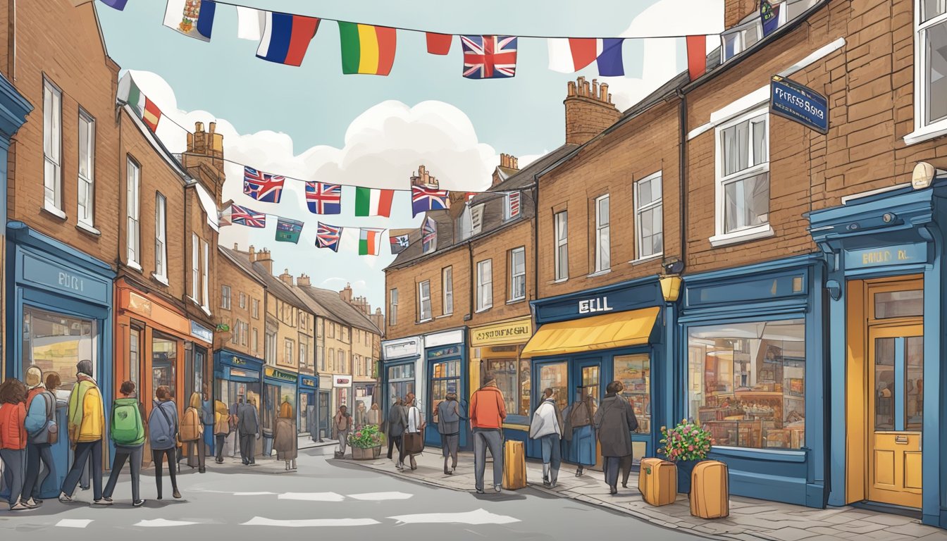 A bustling street in the United Kingdom with 11 distinct country flags flying, some with a Taco Bell storefront and others without