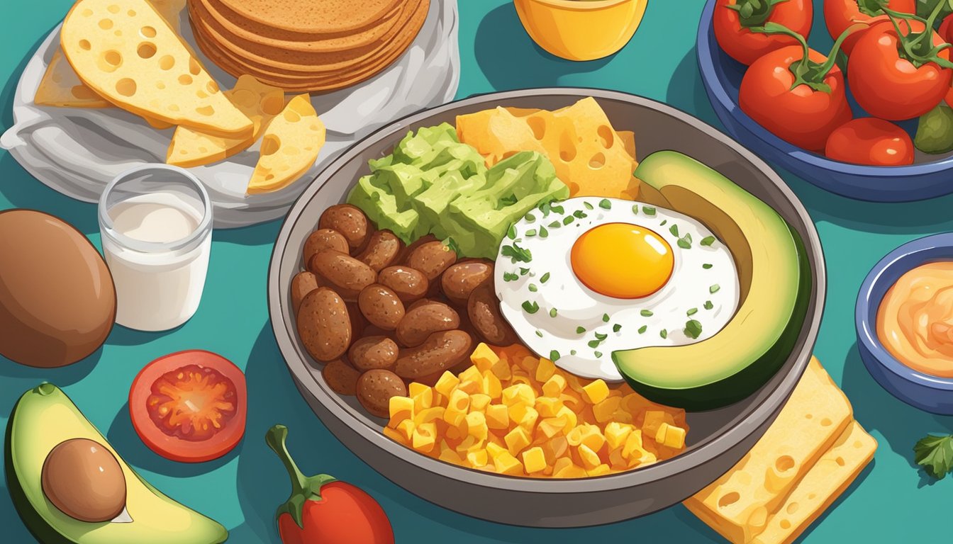 A colorful breakfast bowl filled with eggs, sausage, avocado, and salsa, surrounded by vibrant ingredients like peppers, onions, and cheese