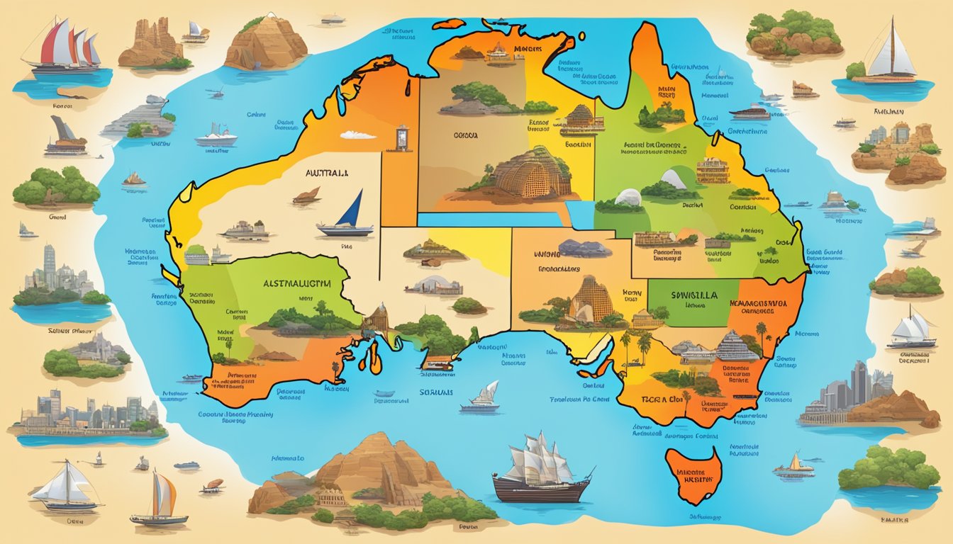 A colorful map of Australia with 11 countries labeled, some with a Taco Bell logo for breakfast availability