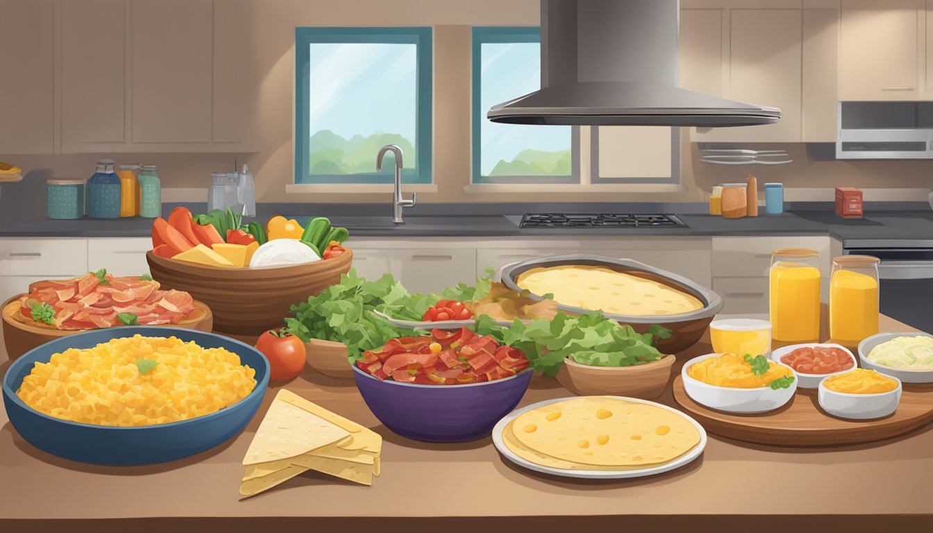 A colorful array of fresh ingredients, including eggs, cheese, bacon, and tortillas, arranged on a kitchen counter. A sign in the background reads "Taco Bell Breakfast Menu."