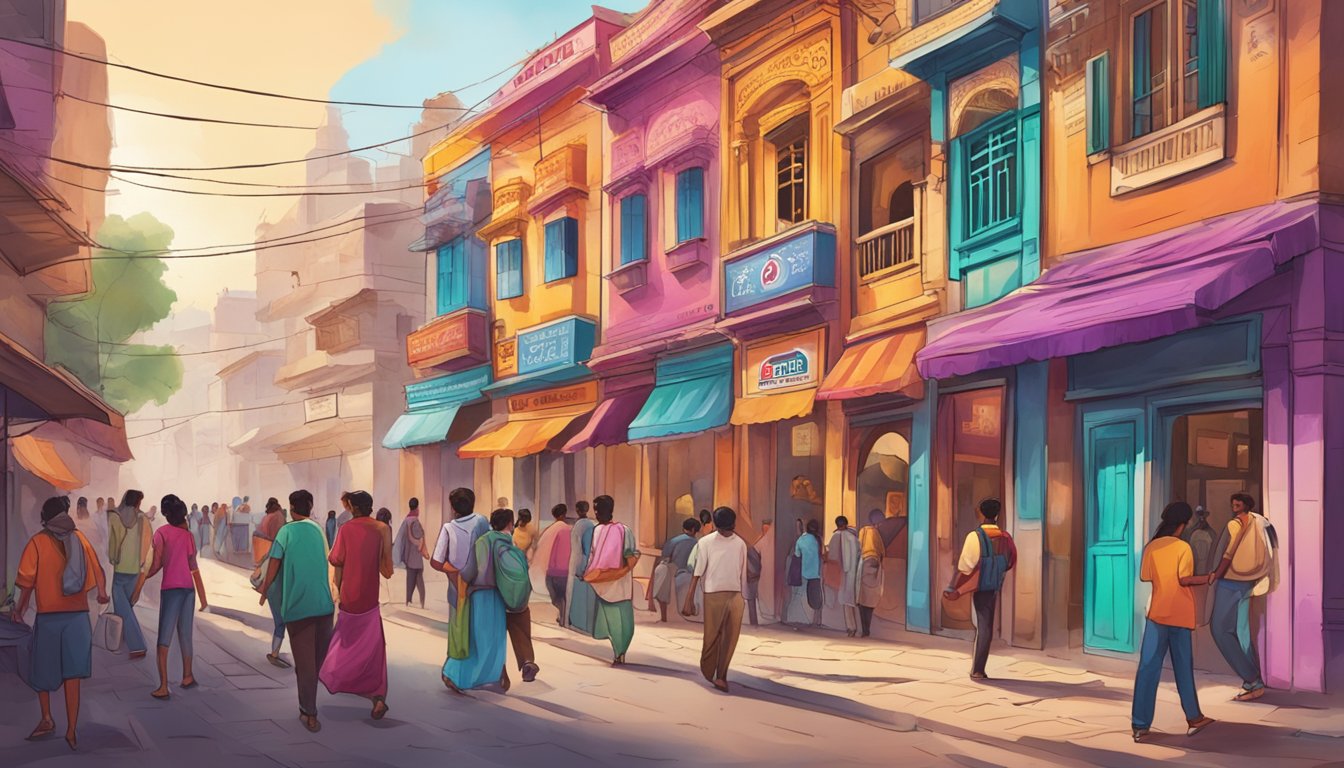 A bustling street in India with colorful storefronts, some displaying the familiar logo of Taco Bell. People pass by, some stopping to peer inside