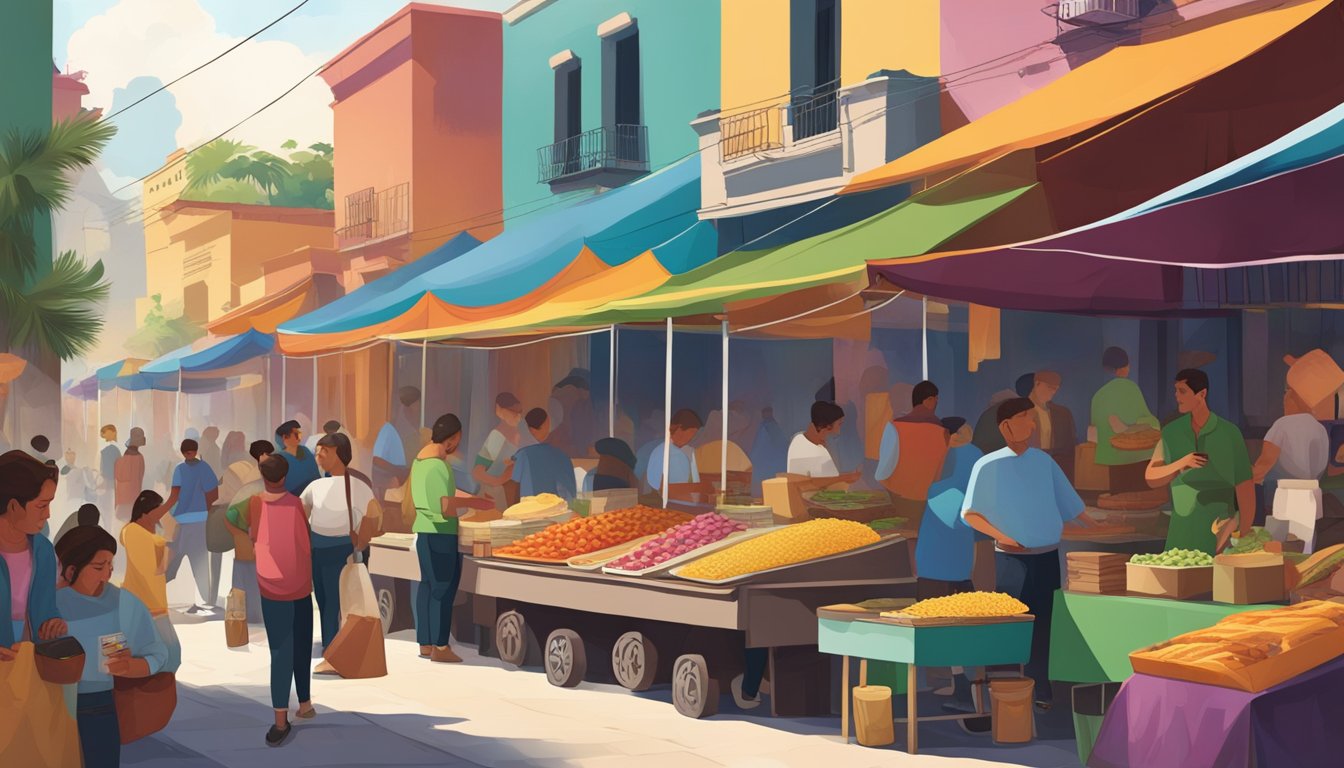 A bustling street market in Mexico with colorful food stalls and vendors selling traditional breakfast items, while a Taco Bell stands out as a modern contrast