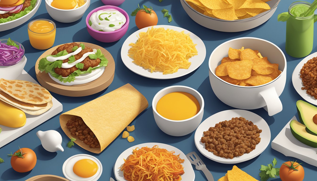 A colorful spread of DIY breakfast items inspired by Taco Bell, including tacos, burritos, and hash browns, arranged on a modern kitchen countertop