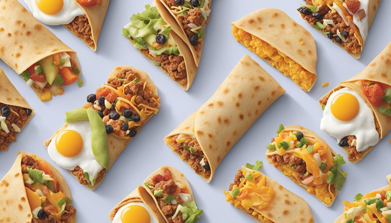 A colorful array of Breakfast Crunchwraps, each with unique toppings and fillings, arranged on a vibrant Taco Bell breakfast menu backdrop