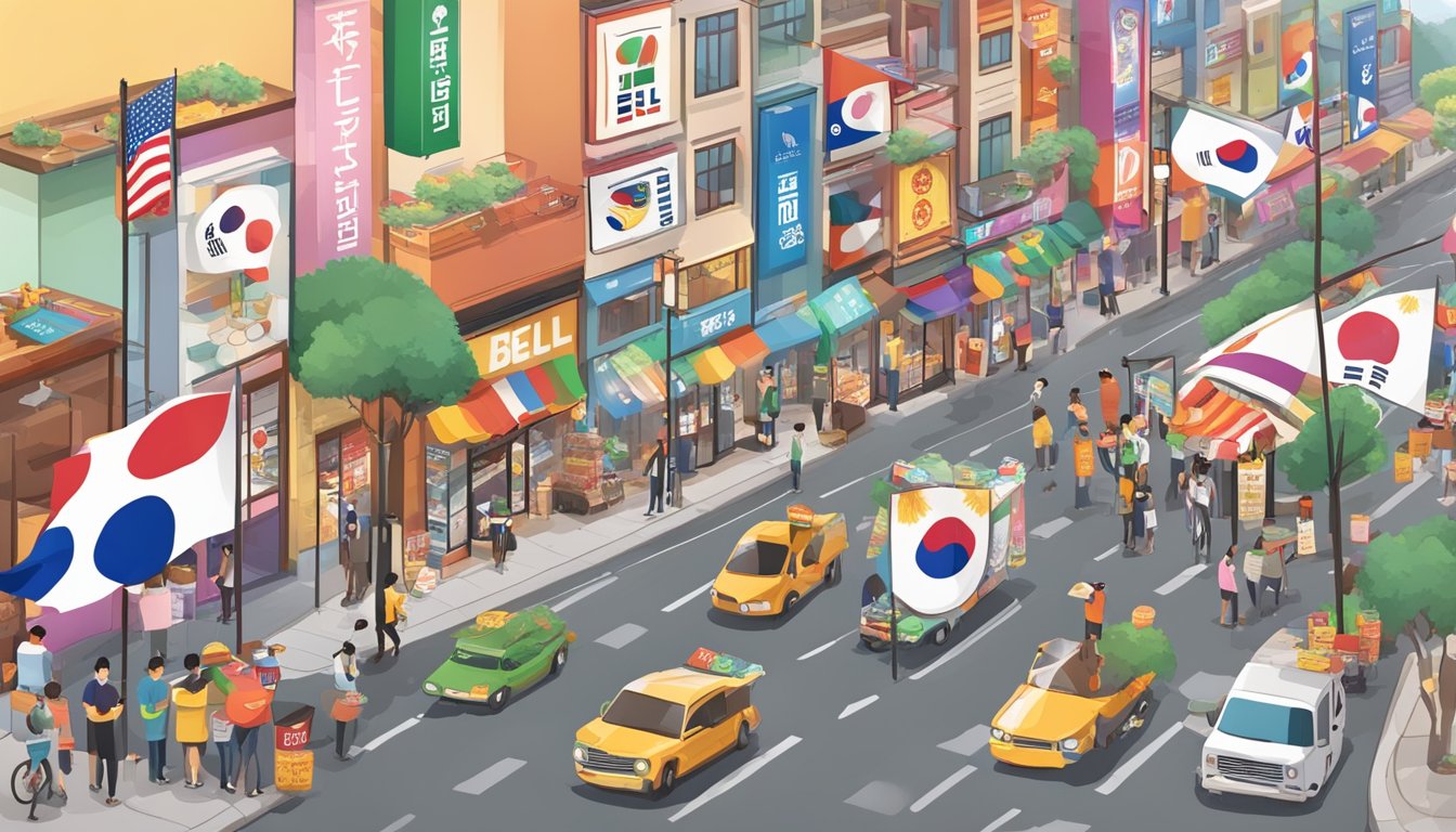 A busy street in South Korea with 11 national flags and a Taco Bell sign, depicting the countries where Taco Bell serves breakfast