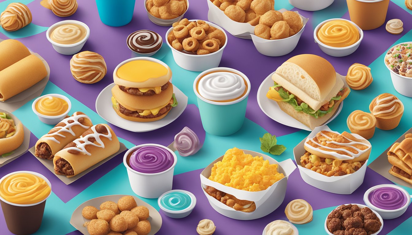 A colorful array of Cinnabon Delights and breakfast items arranged on a modern, sleek Taco Bell menu board