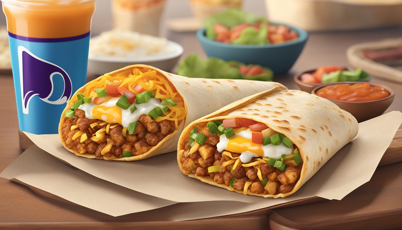 A breakfast burrito with crispy hash browns, wrapped in a toasted tortilla, surrounded by customizable Taco Bell breakfast items