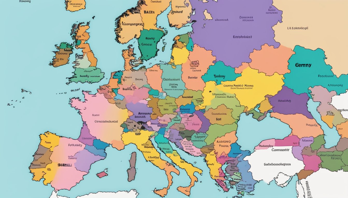 A colorful map of Europe with Germany highlighted, surrounded by 11 other countries, some with a Taco Bell logo for breakfast and others without