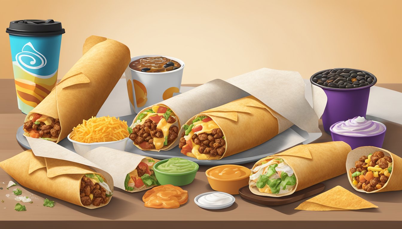 A steaming Grande Toasted Breakfast Burrito surrounded by 6 customizable Taco Bell breakfast items