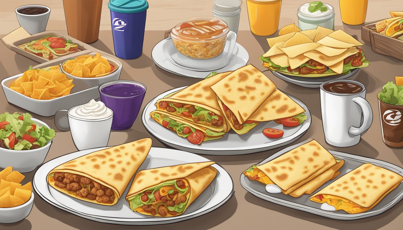 A Breakfast Crunchwrap surrounded by customizable Taco Bell breakfast items on a table